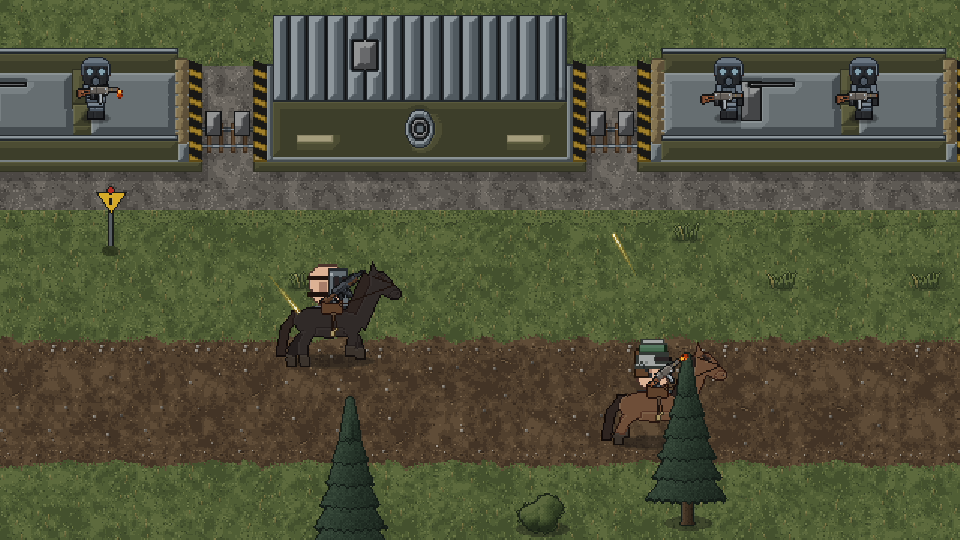 Deux cavaliers rattrapent le train blindé pendant que les gardes tirent depuis les wagons